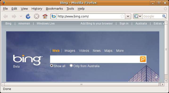 Screenshot of the beta release of the Bing search engine, 2009
